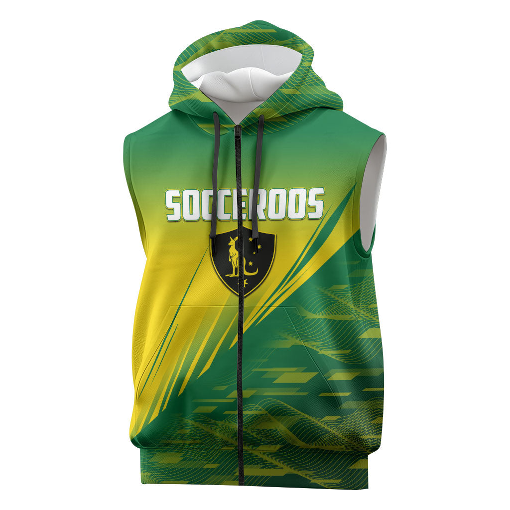 Personalized Socceroos Sport Sleeveless Zip Hoodie Green Gold Dynamic Wave Pattern