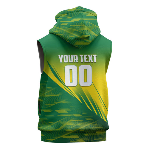 Personalized Socceroos Sport Sleeveless Zip Hoodie Green Gold Dynamic Wave Pattern
