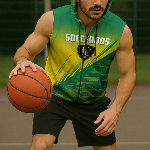 Personalized Socceroos Sport Sleeveless Zip Hoodie Green Gold Dynamic Wave Pattern