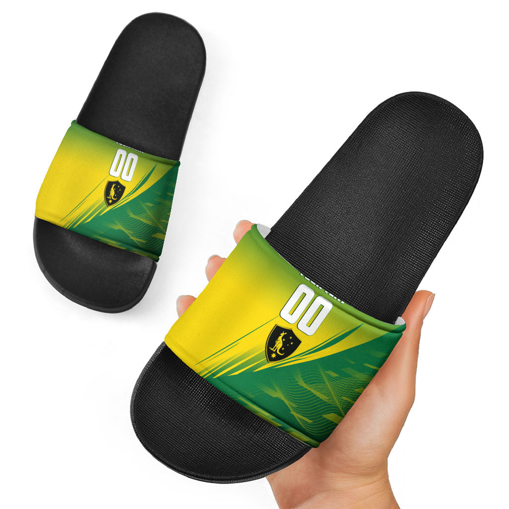 Personalized Socceroos Sport Slide Sandals Green Gold Dynamic Wave Pattern