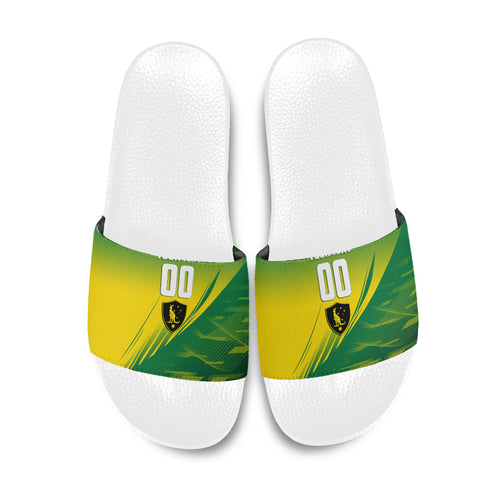 Personalized Socceroos Sport Slide Sandals Green Gold Dynamic Wave Pattern