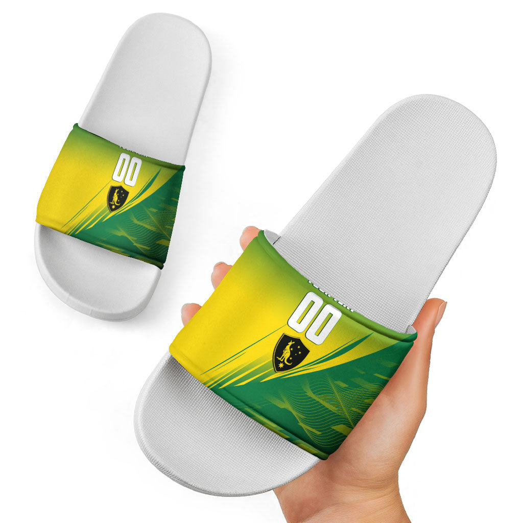 Personalized Socceroos Sport Slide Sandals Green Gold Dynamic Wave Pattern