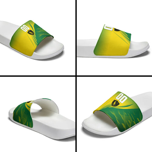 Personalized Socceroos Sport Slide Sandals Green Gold Dynamic Wave Pattern