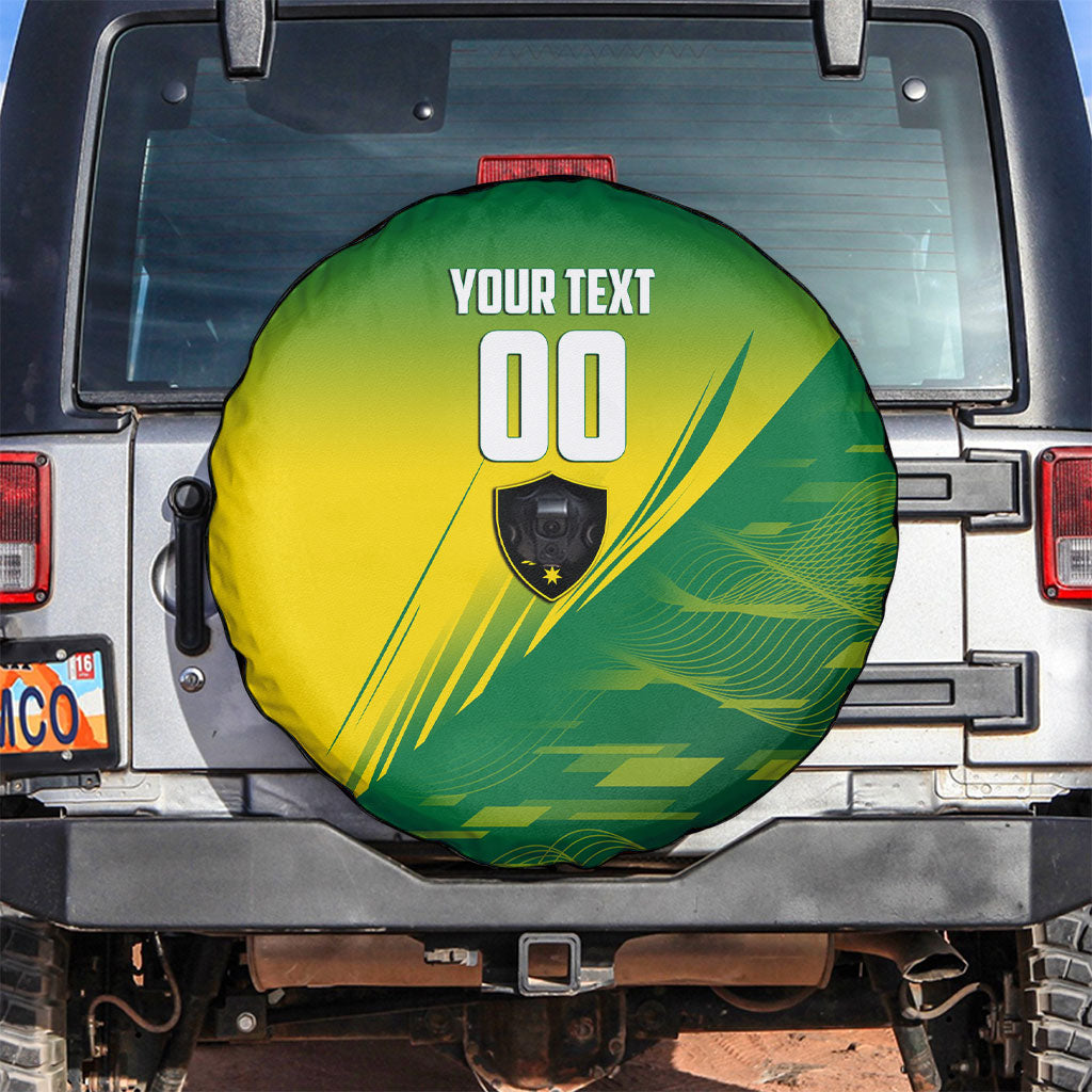 Personalized Socceroos Sport Spare Tire Cover Green Gold Dynamic Wave Pattern