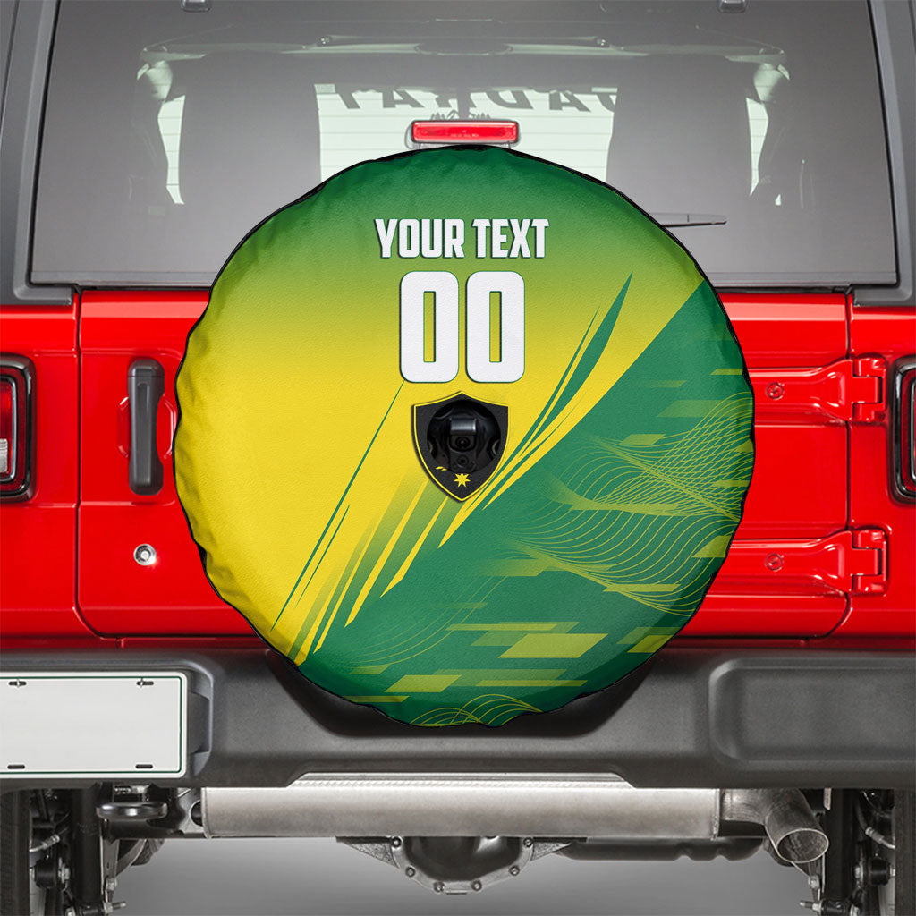 Personalized Socceroos Sport Spare Tire Cover Green Gold Dynamic Wave Pattern
