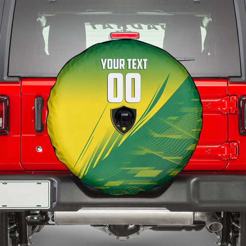 Personalized Socceroos Sport Spare Tire Cover Green Gold Dynamic Wave Pattern