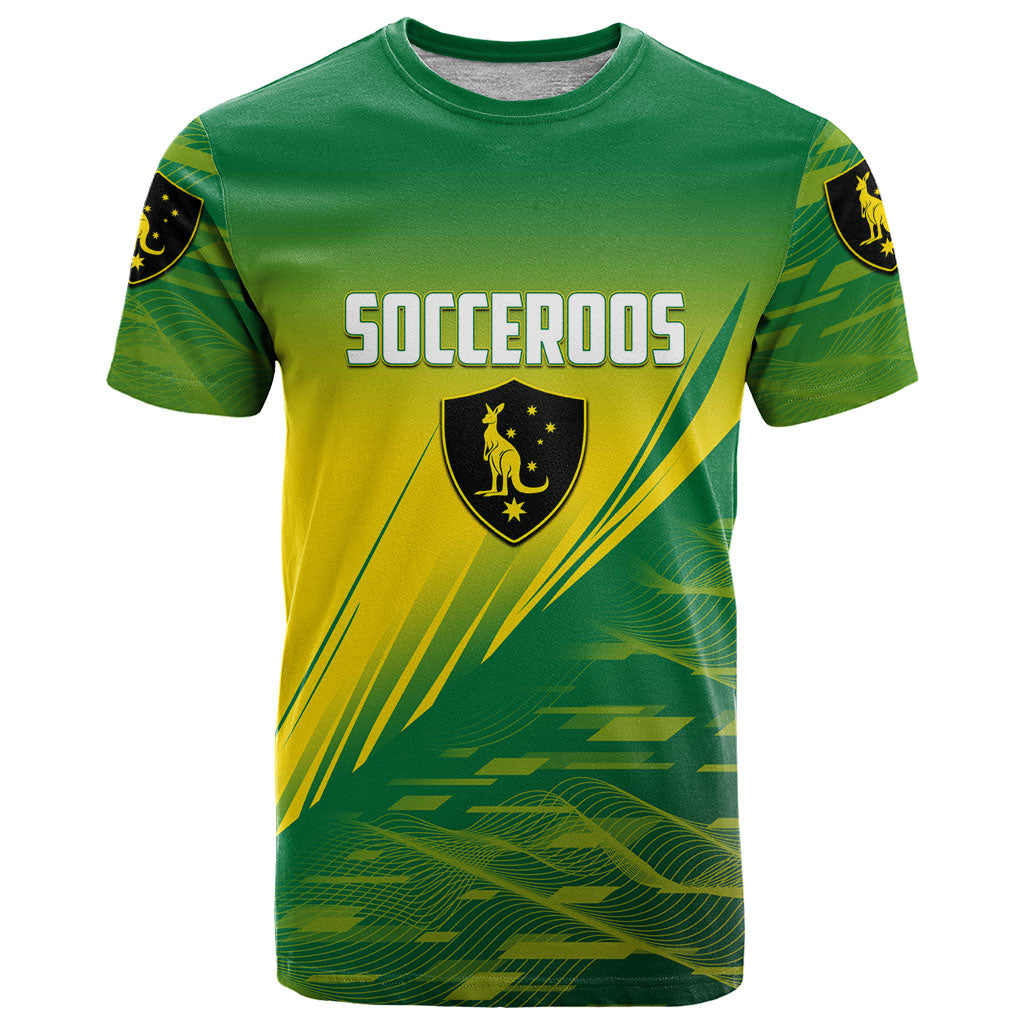 Personalized Socceroos Sport T Shirt Green Gold Dynamic Wave Pattern