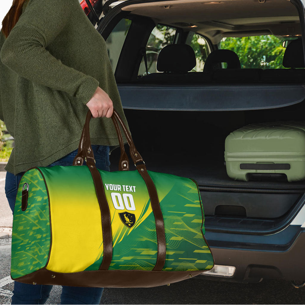 Personalized Socceroos Sport Travel Bag Green Gold Dynamic Wave Pattern