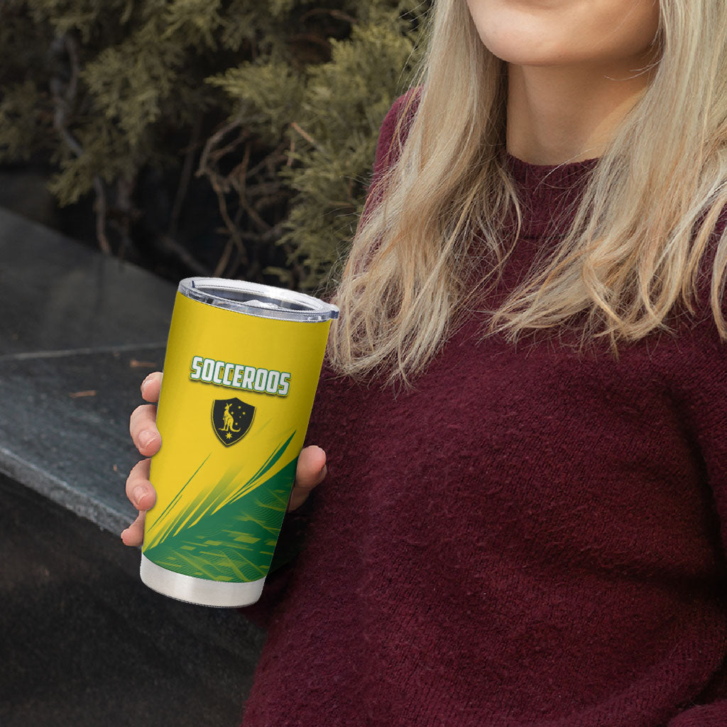 Personalized Socceroos Sport Tumbler Cup Green Gold Dynamic Wave Pattern