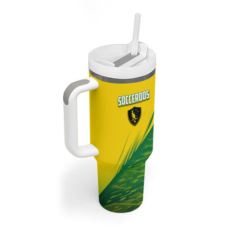 Personalized Socceroos Sport Tumbler With Handle Green Gold Dynamic Wave Pattern
