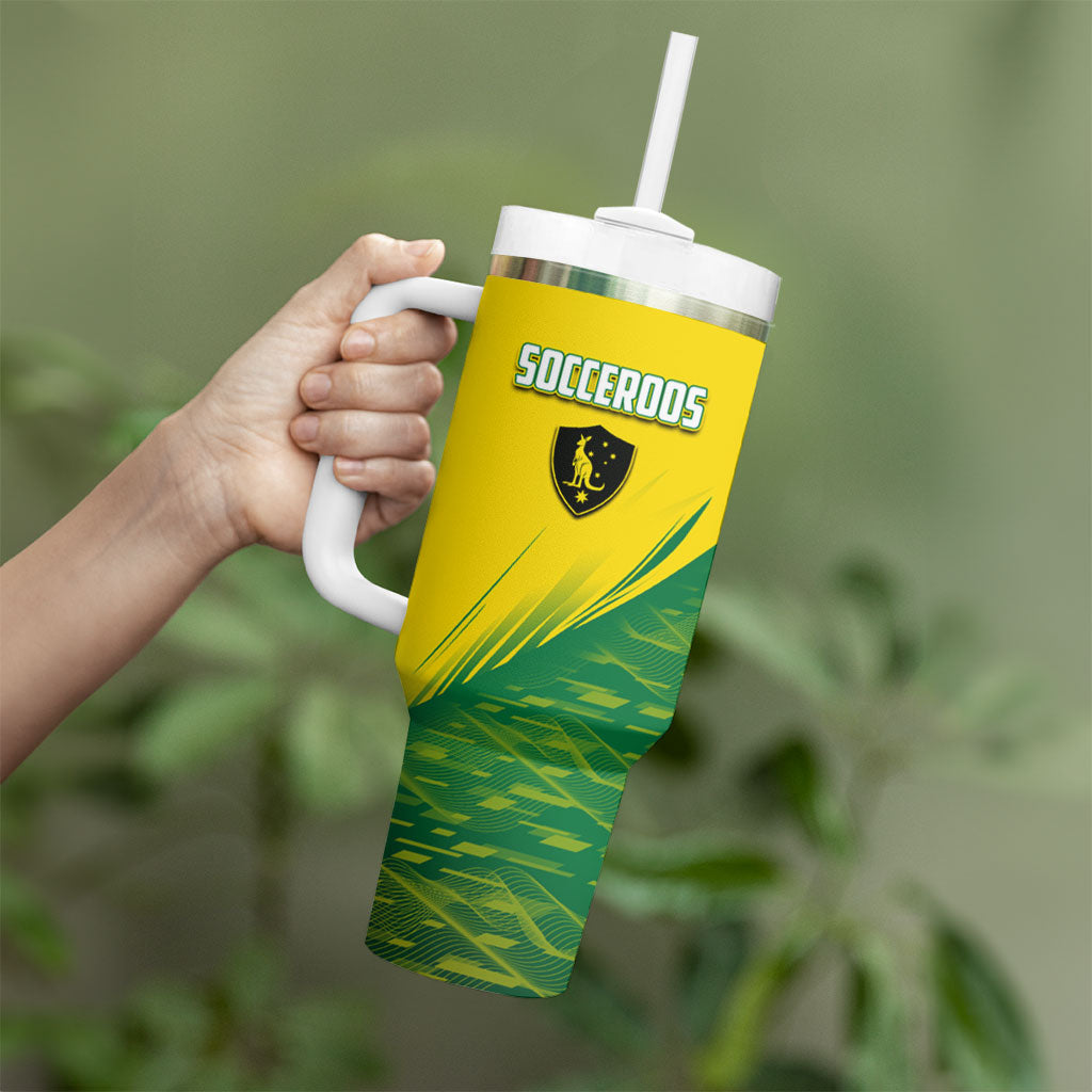 Personalized Socceroos Sport Tumbler With Handle Green Gold Dynamic Wave Pattern