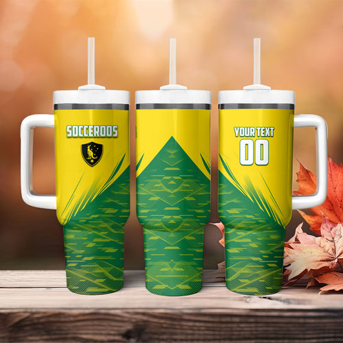 Personalized Socceroos Sport Tumbler With Handle Green Gold Dynamic Wave Pattern