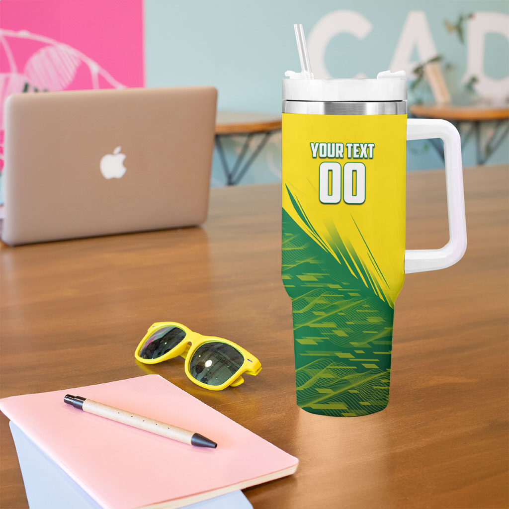 Personalized Socceroos Sport Tumbler With Handle Green Gold Dynamic Wave Pattern