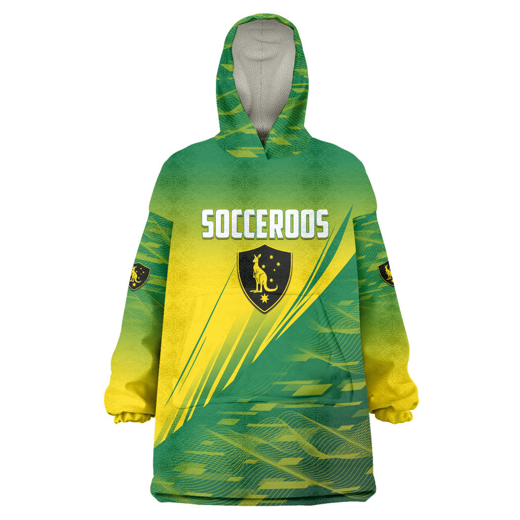 Personalized Socceroos Sport Wearable Blanket Hoodie Green Gold Dynamic Wave Pattern