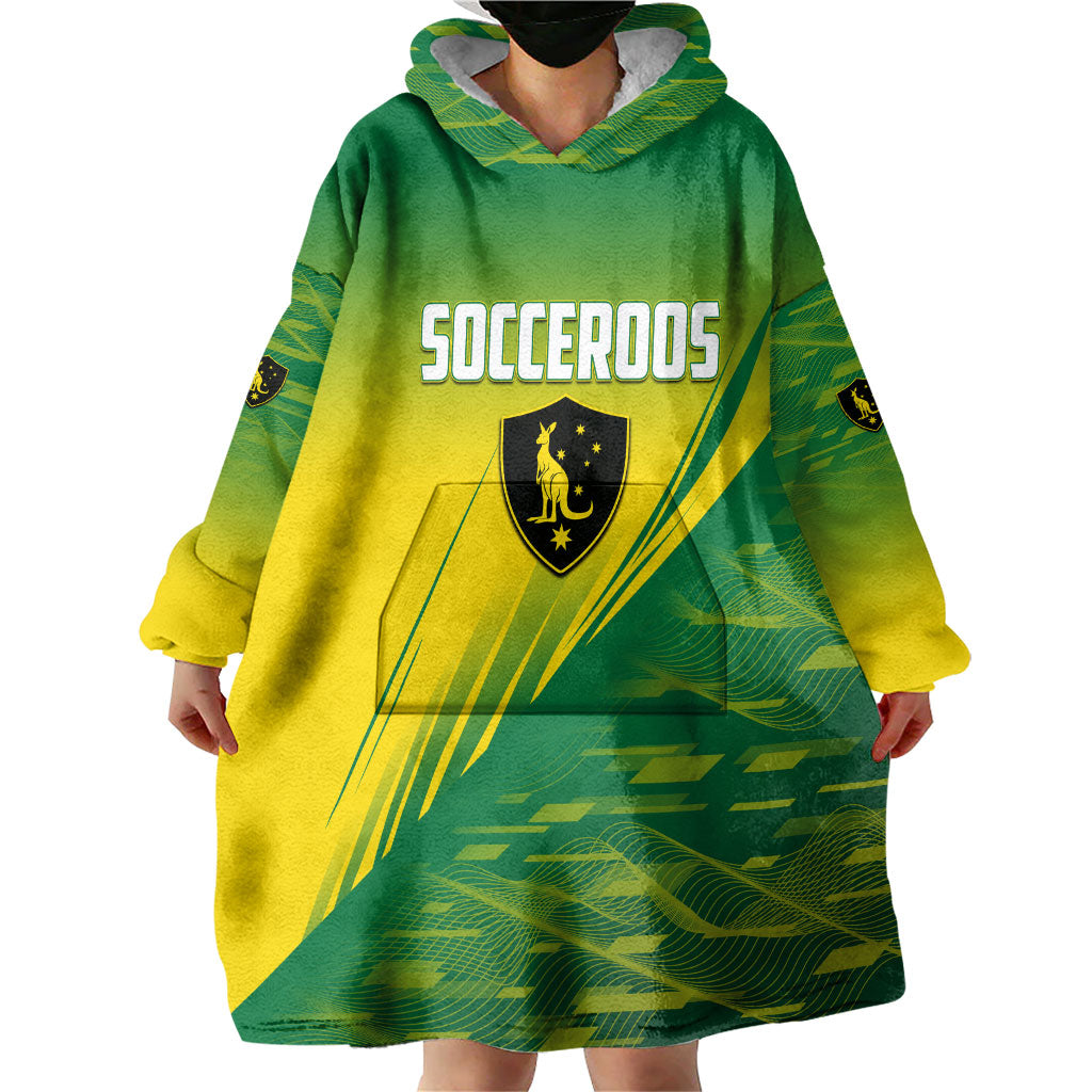 Personalized Socceroos Sport Wearable Blanket Hoodie Green Gold Dynamic Wave Pattern