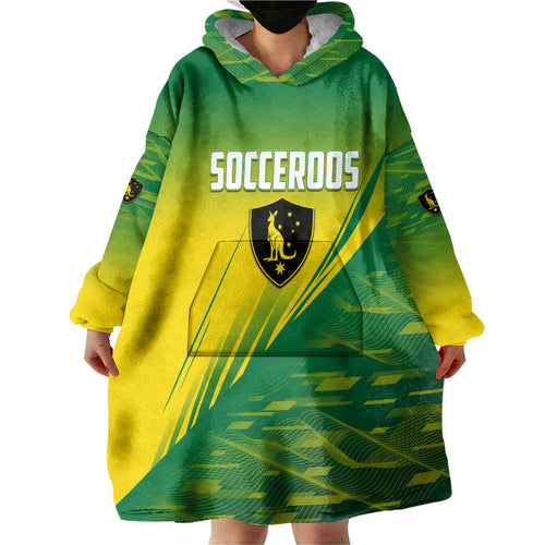 Personalized Socceroos Sport Wearable Blanket Hoodie Green Gold Dynamic Wave Pattern