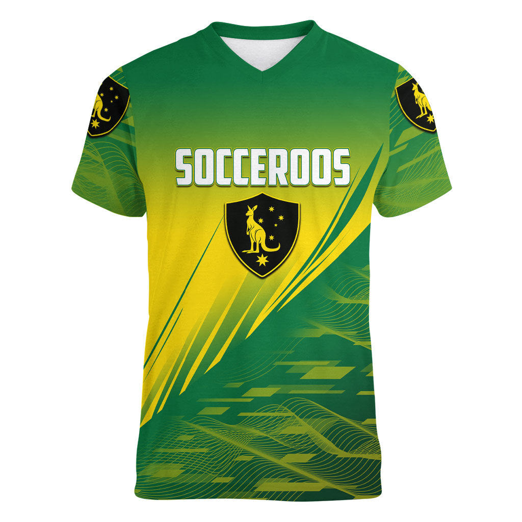 Personalized Socceroos Sport Women V-Neck T-Shirt Green Gold Dynamic Wave Pattern