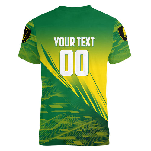 Personalized Socceroos Sport Women V-Neck T-Shirt Green Gold Dynamic Wave Pattern