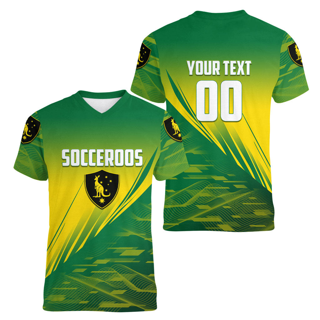 Personalized Socceroos Sport Women V-Neck T-Shirt Green Gold Dynamic Wave Pattern