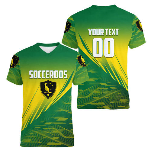 Personalized Socceroos Sport Women V-Neck T-Shirt Green Gold Dynamic Wave Pattern