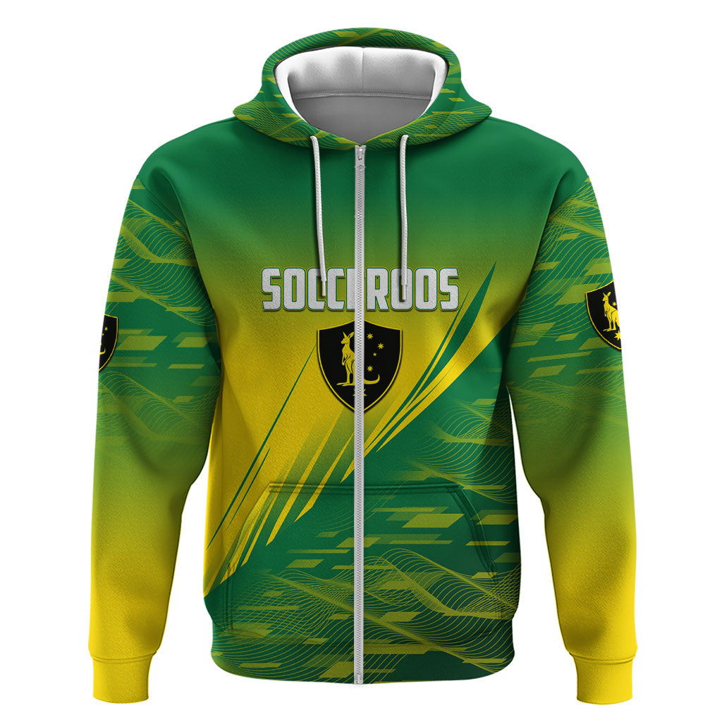 Personalized Socceroos Sport Zip Hoodie Green Gold Dynamic Wave Pattern