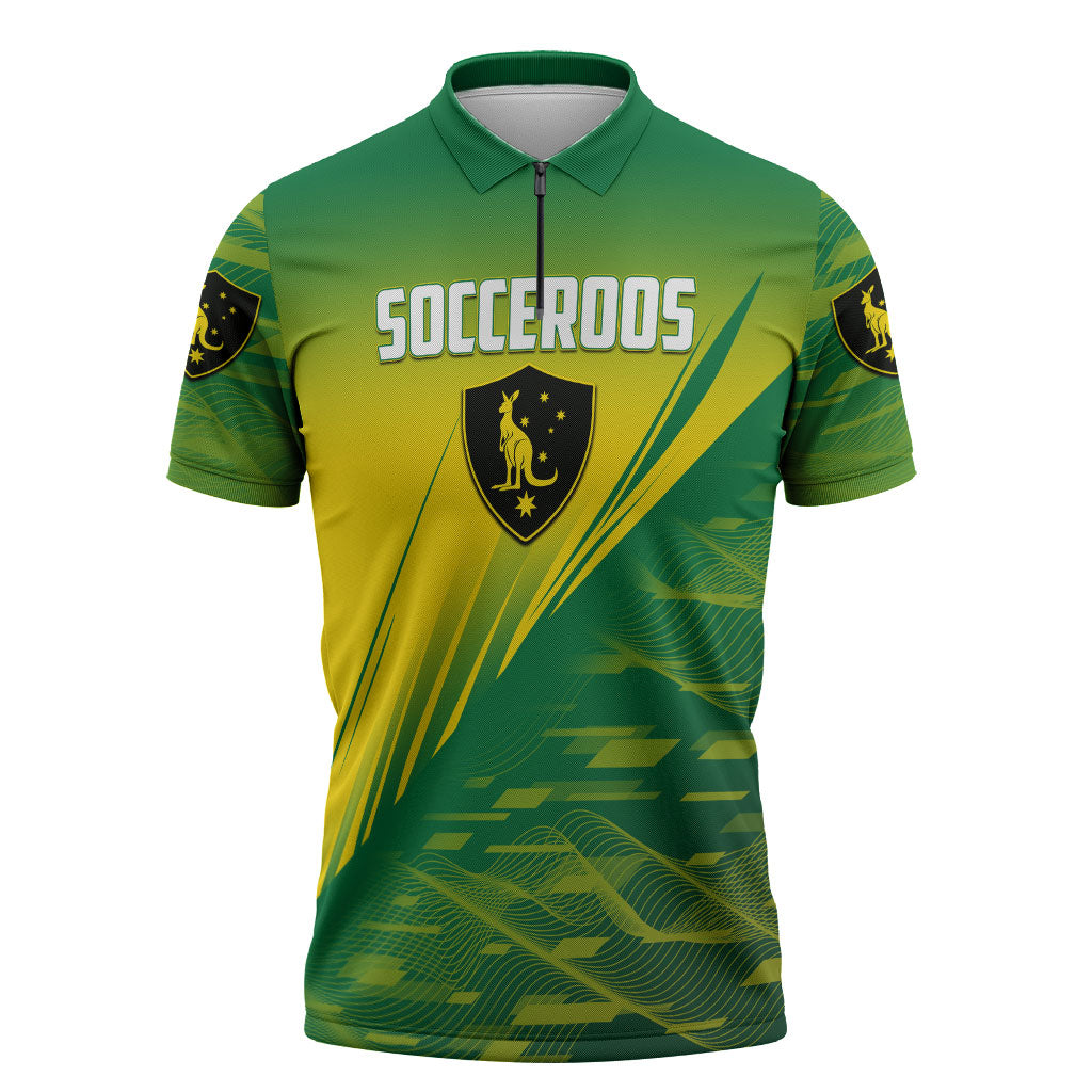 Personalized Socceroos Sport Zipper Polo Shirt Green Gold Dynamic Wave Pattern