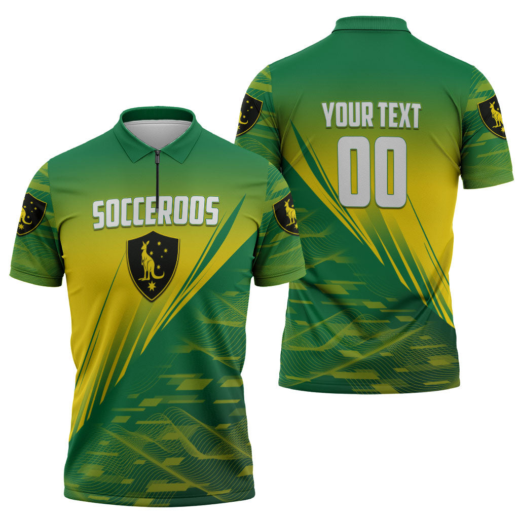 Personalized Socceroos Sport Zipper Polo Shirt Green Gold Dynamic Wave Pattern
