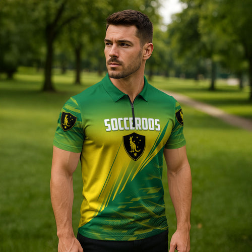 Personalized Socceroos Sport Zipper Polo Shirt Green Gold Dynamic Wave Pattern
