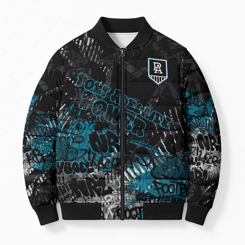Port Adelaide Power Bomber Puffer Jacket Urban Graffiti Street Art - Bold Abstract Spray Paint