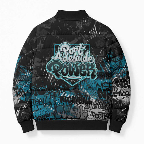 Port Adelaide Power Bomber Puffer Jacket Urban Graffiti Street Art - Bold Abstract Spray Paint