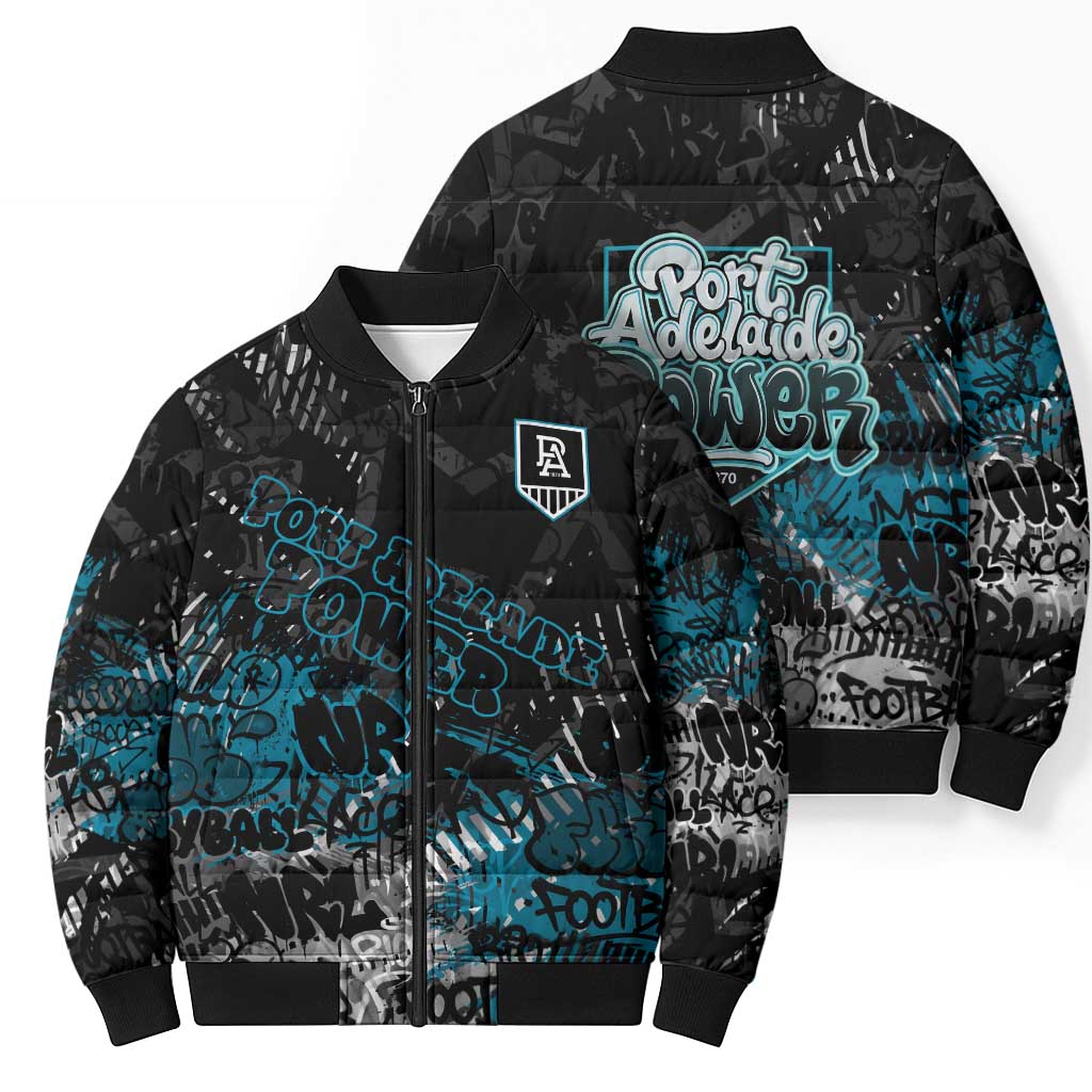 Port Adelaide Power Bomber Puffer Jacket Urban Graffiti Street Art - Bold Abstract Spray Paint