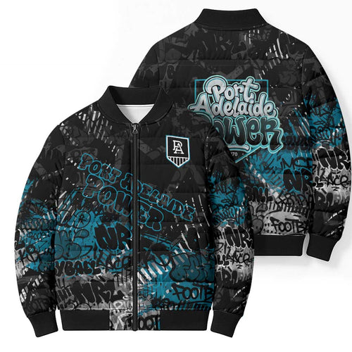 Port Adelaide Power Bomber Puffer Jacket Urban Graffiti Street Art - Bold Abstract Spray Paint