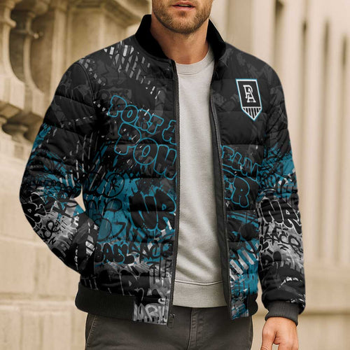 Port Adelaide Power Bomber Puffer Jacket Urban Graffiti Street Art - Bold Abstract Spray Paint