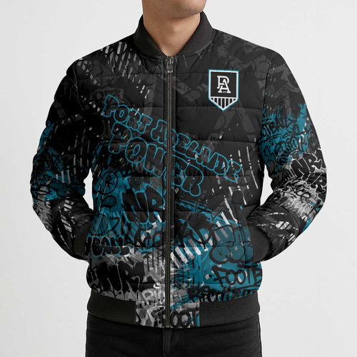 Port Adelaide Power Bomber Puffer Jacket Urban Graffiti Street Art - Bold Abstract Spray Paint