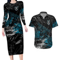 Port Adelaide Power Couples Matching Long Sleeve Bodycon Dress and Hawaiian Shirt Urban Graffiti Street Art - Bold Abstract Spray Paint