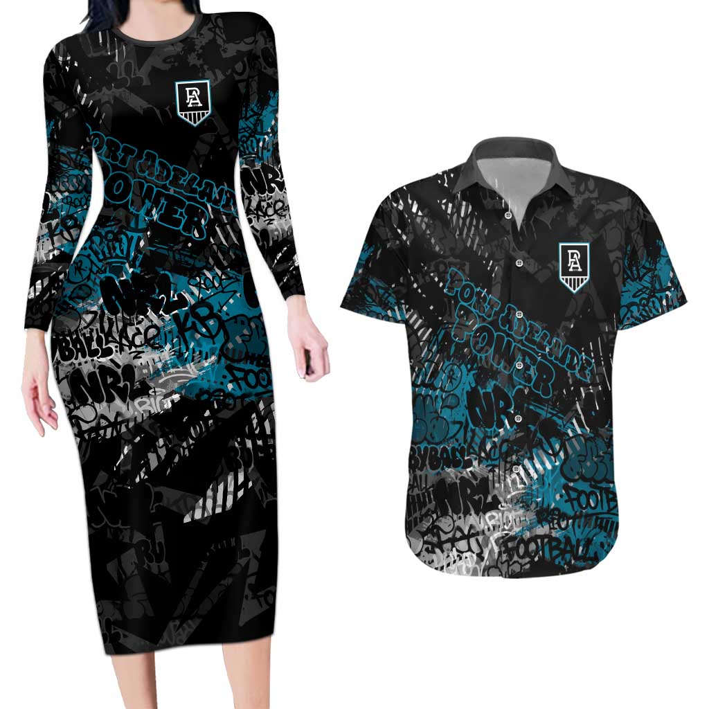 Port Adelaide Power Couples Matching Long Sleeve Bodycon Dress and Hawaiian Shirt Urban Graffiti Street Art - Bold Abstract Spray Paint