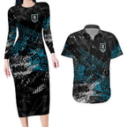 Port Adelaide Power Couples Matching Long Sleeve Bodycon Dress and Hawaiian Shirt Urban Graffiti Street Art - Bold Abstract Spray Paint