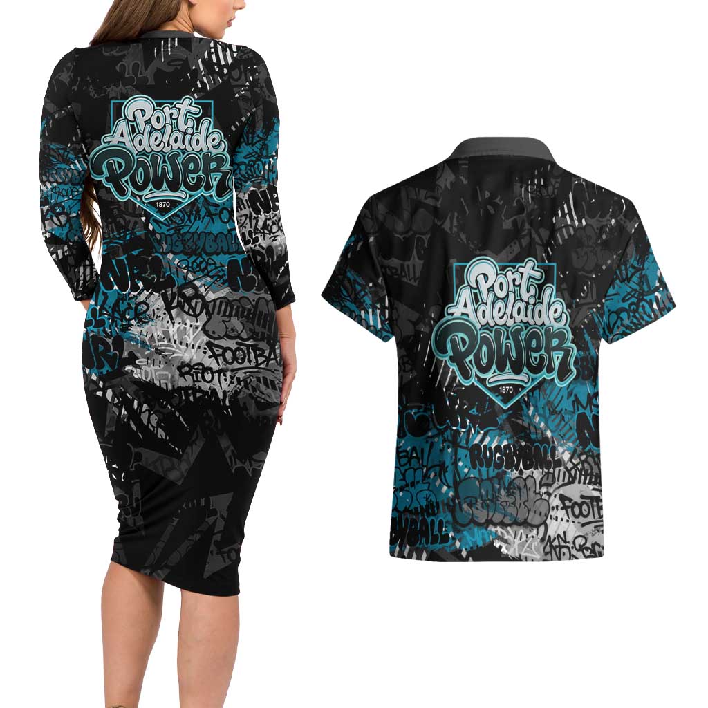 Port Adelaide Power Couples Matching Long Sleeve Bodycon Dress and Hawaiian Shirt Urban Graffiti Street Art - Bold Abstract Spray Paint
