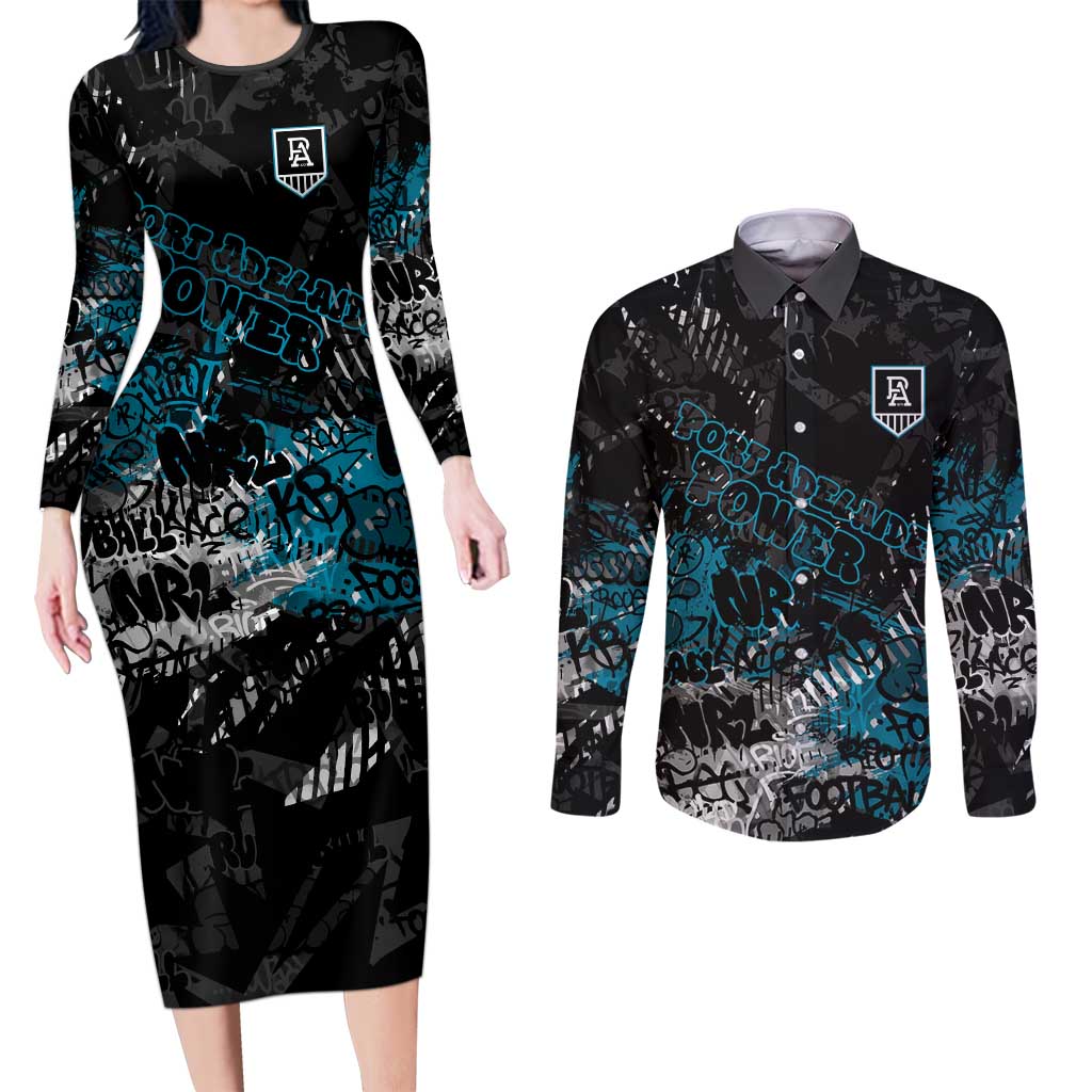 Port Adelaide Power Couples Matching Long Sleeve Bodycon Dress and Long Sleeve Button Shirt Urban Graffiti Street Art - Bold Abstract Spray Paint