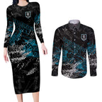 Port Adelaide Power Couples Matching Long Sleeve Bodycon Dress and Long Sleeve Button Shirt Urban Graffiti Street Art - Bold Abstract Spray Paint