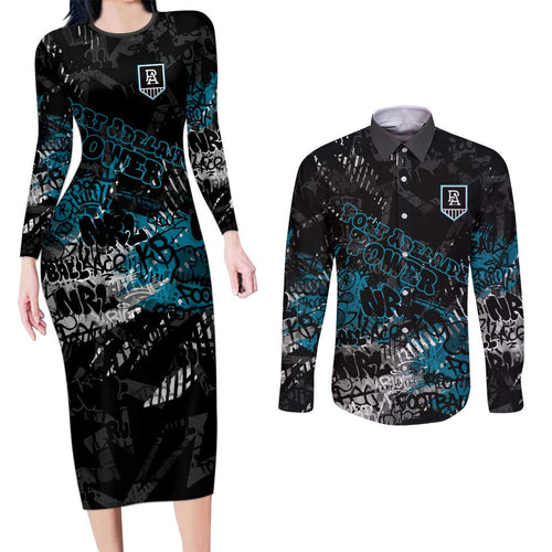 Port Adelaide Power Couples Matching Long Sleeve Bodycon Dress and Long Sleeve Button Shirt Urban Graffiti Street Art - Bold Abstract Spray Paint