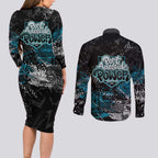 Port Adelaide Power Couples Matching Long Sleeve Bodycon Dress and Long Sleeve Button Shirt Urban Graffiti Street Art - Bold Abstract Spray Paint
