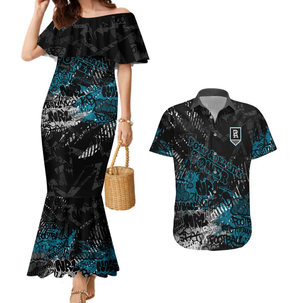 Port Adelaide Power Couples Matching Mermaid Dress and Hawaiian Shirt Urban Graffiti Street Art - Bold Abstract Spray Paint