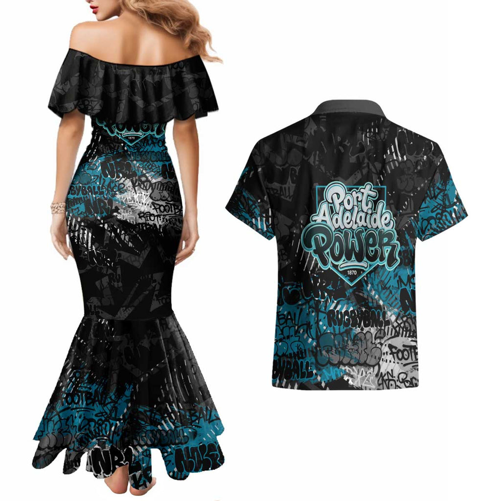 Port Adelaide Power Couples Matching Mermaid Dress and Hawaiian Shirt Urban Graffiti Street Art - Bold Abstract Spray Paint