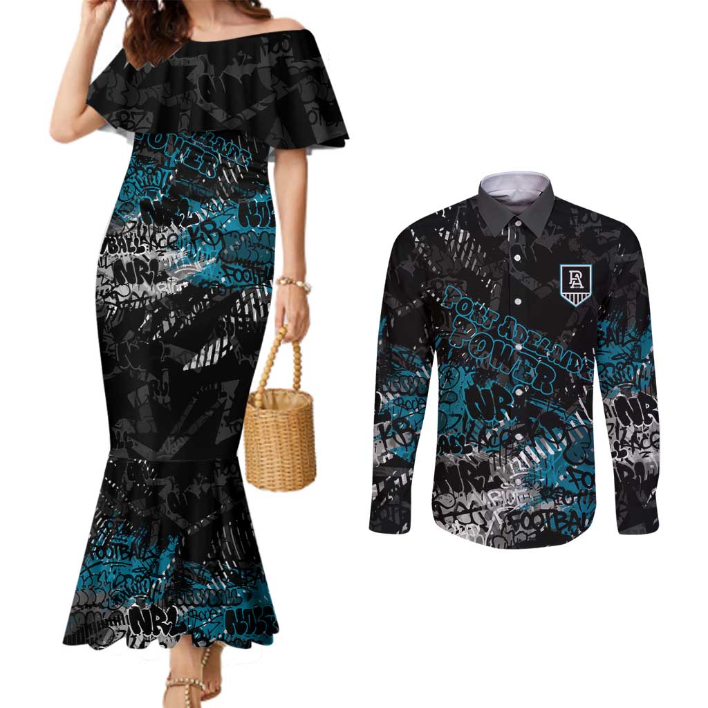 Port Adelaide Power Couples Matching Mermaid Dress and Long Sleeve Button Shirt Urban Graffiti Street Art - Bold Abstract Spray Paint