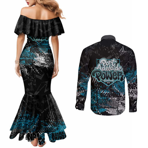 Port Adelaide Power Couples Matching Mermaid Dress and Long Sleeve Button Shirt Urban Graffiti Street Art - Bold Abstract Spray Paint