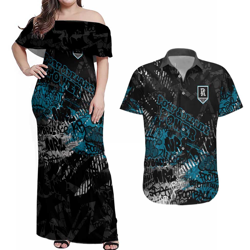 Port Adelaide Power Couples Matching Off Shoulder Maxi Dress and Hawaiian Shirt Urban Graffiti Street Art - Bold Abstract Spray Paint