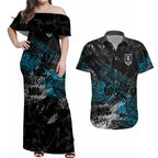 Port Adelaide Power Couples Matching Off Shoulder Maxi Dress and Hawaiian Shirt Urban Graffiti Street Art - Bold Abstract Spray Paint