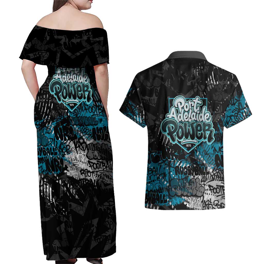 Port Adelaide Power Couples Matching Off Shoulder Maxi Dress and Hawaiian Shirt Urban Graffiti Street Art - Bold Abstract Spray Paint