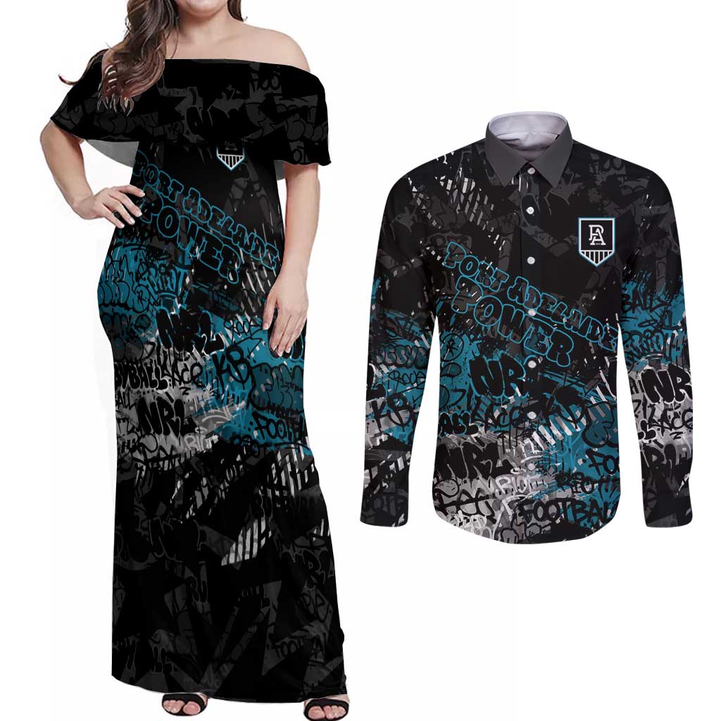 Port Adelaide Power Couples Matching Off Shoulder Maxi Dress and Long Sleeve Button Shirt Urban Graffiti Street Art - Bold Abstract Spray Paint